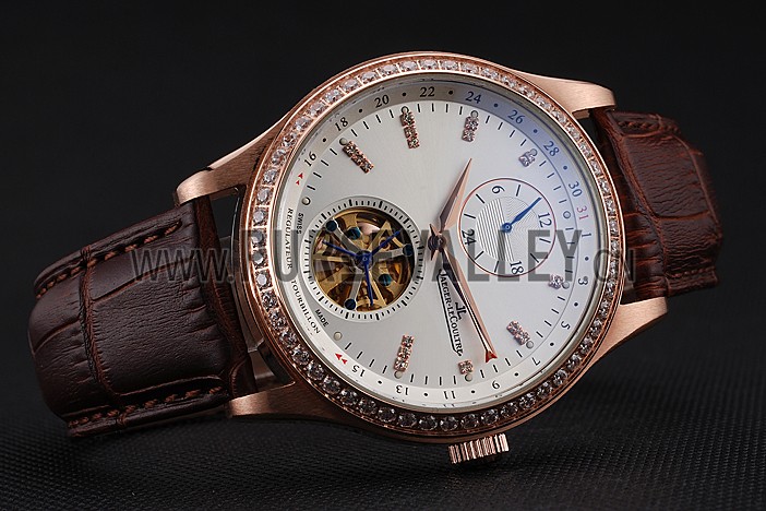 Jaeger-LeCoultre Master Tourbillon Dualtime White Dial Gold Case With Diamonds Brown Leather Strap 622782