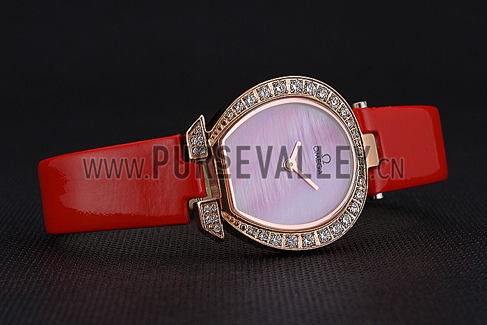 Omega Ladies Watch Pink Dial Gold Case With Diamonds Red Leather Strap 622831