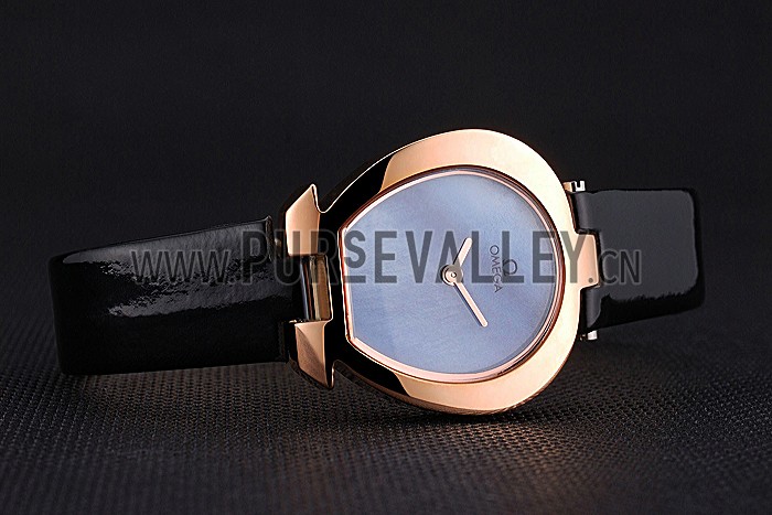 Omega Ladies Watch Sky Blue Dial Gold Case Black Leather Strap 622821