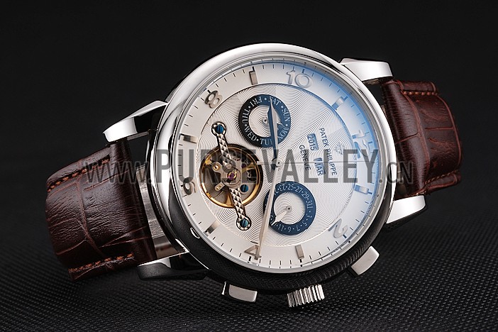 Patek Philippe Classic Tourbillon Power Reserve Black And White Dial Stainless Steel Case Brown Leather Strap