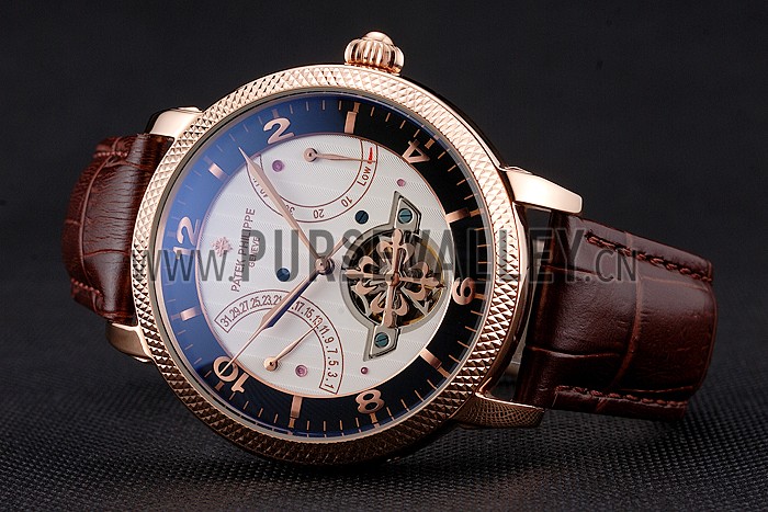 Patek Philippe Classic Tourbillon Power Reserve Black And White Dial Rose Gold Case Brown Leather Strap