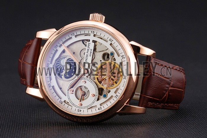 Patek Philippe Dual Time Moonphase Tourbillon White Skeletonised Dial Rose Gold Case Brown Leather Strap