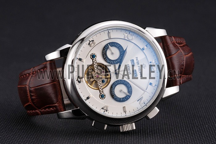 Patek Philippe Perpetual Calendar Tourbillon White Dial Stainless Steel Case Brown Leather Strap