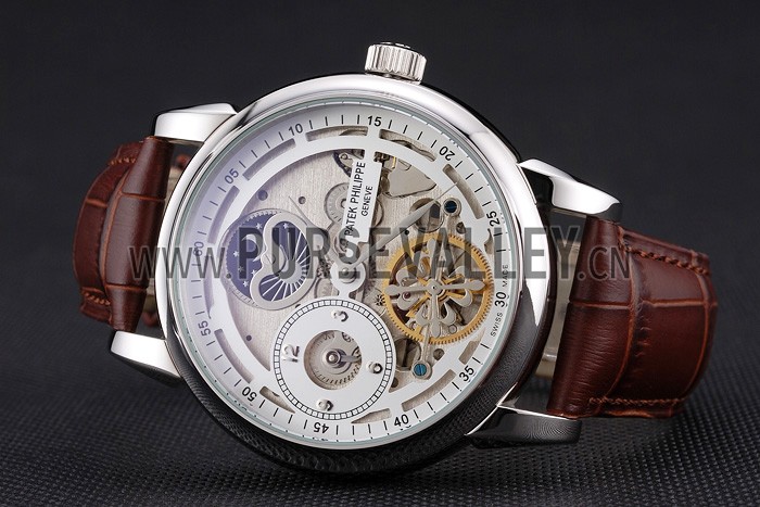 Patek Philippe Dual Time Moonphase Tourbillon White Skeletonised Dial Stainless Steel Case Brown Leather Strap