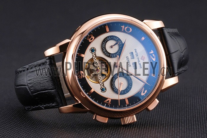 Patek Philippe Perpetual Calendar Tourbillon Two Tone Dial Rose Gold Case Black Leather Strap