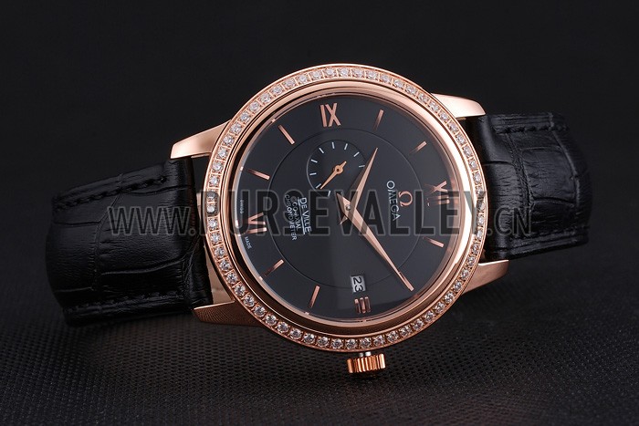 Omega De Ville Prestige Co-Axial Black Dial Rose Gold Diamond Case Black Leather Strap Roman Numeral