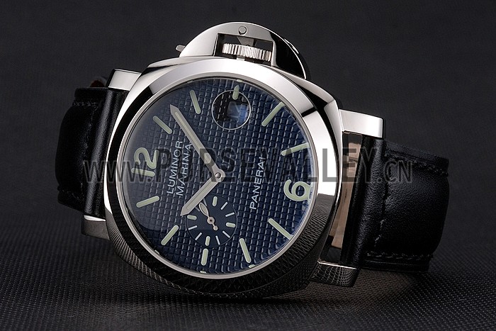 Panerai Luminor Marina Date Black Hobnail Pattern Dial Stainless Steel Case Black Leather Strap