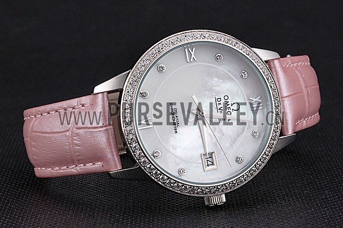 Omega DeVille Prestige Co-Axial Diamond Silver Case Mother-Of-Pearl Dial Pink Leather Strap