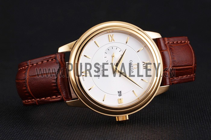 Omega De Ville Prestige Co-Axial White Dial Gold Case Brown Leather Strap Roman Numeral