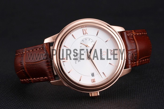 Omega De Ville Prestige Co-Axial White Dial Rose Gold Case Brown Leather Strap Roman Numeral