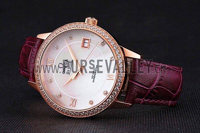 Omega DeVille Prestige Co-Axial Diamond Gold Case Mother-Of-Pearl Dial Purple Leather Strap