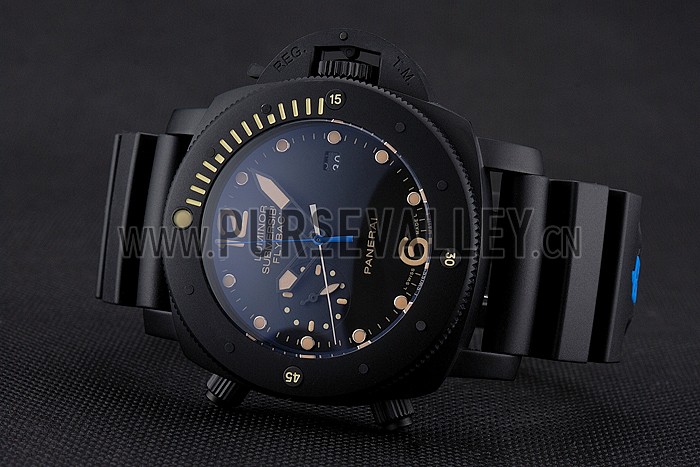 Panerai Luminor Submersible Flyback Date Black Dial Yellow Markings Black Ionized Case Black Rubber Strap