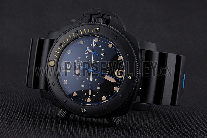 Panerai Luminor Submersible Flyback GMT Black Dial Yellow Markings Black Ionized Case Black Rubber Strap