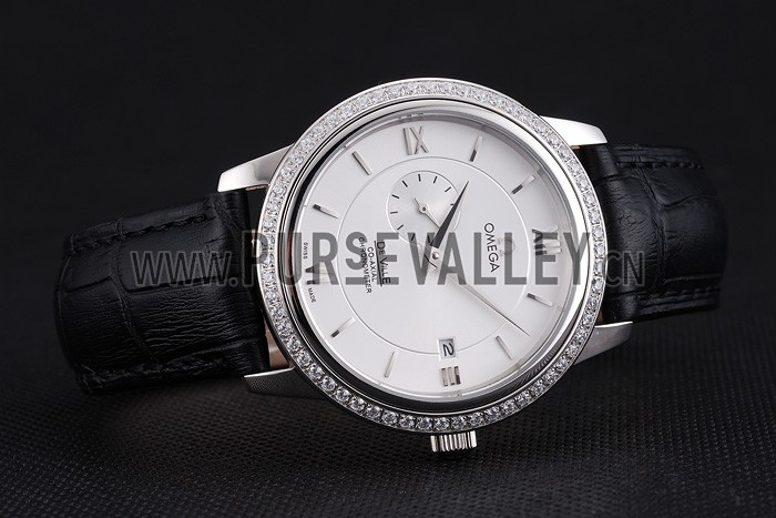 Omega De Ville Prestige Co-Axial White Dial Silver Diamond Case Black Leather Strap Roman Numeral