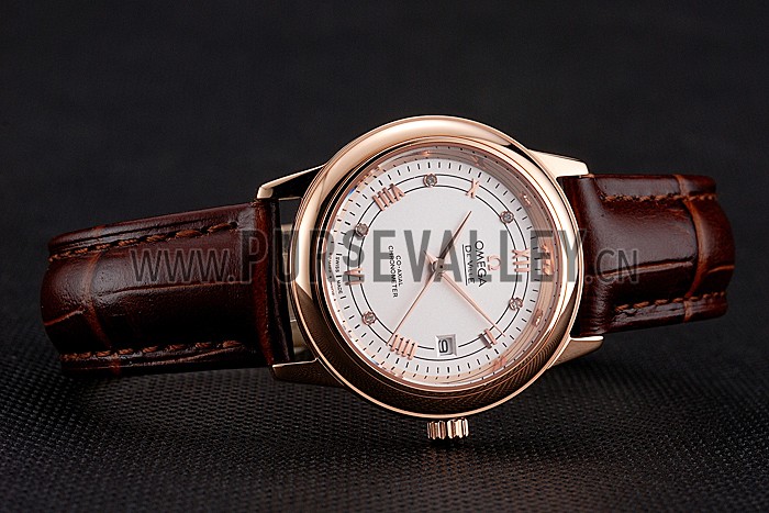Omega De Ville Prestige Ladies White Dial Rose Gold Case Brown Leather Strap