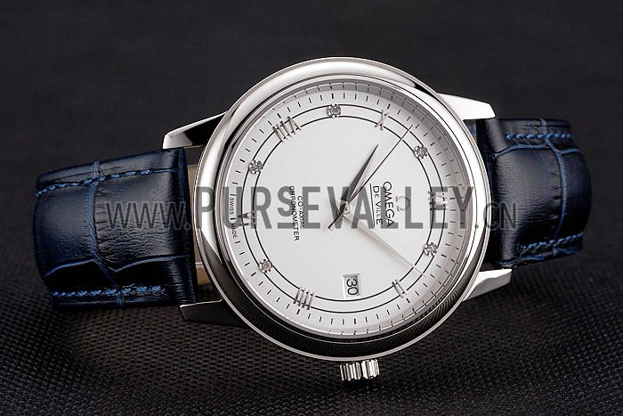 Omega De Ville Prestige White Dial Stainless Steel Case Blue Leather Strap