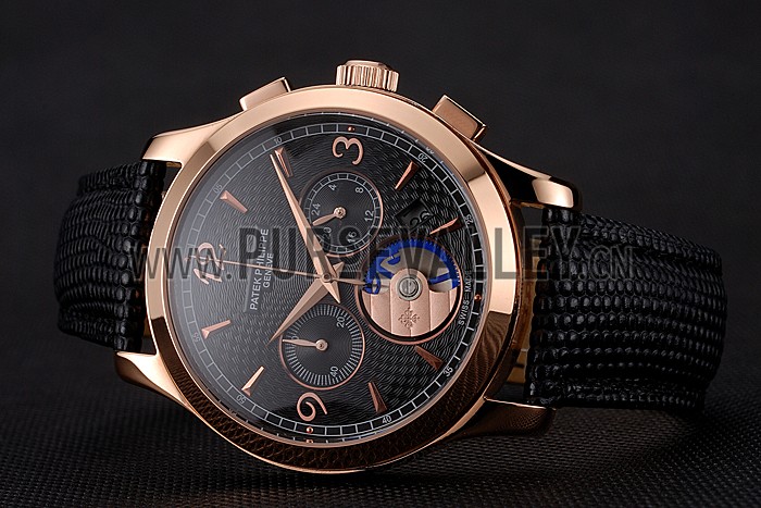 Patek Philippe Chronograph Black Guilloche Dial Rose Gold Case Black Leather Strap
