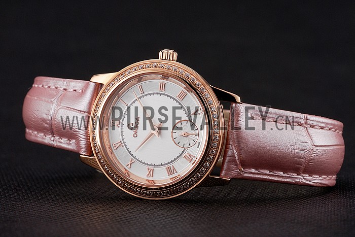 Omega De Ville Prestige Small Seconds White Dial Diamond Bezel Rose Gold Case Pink Leather Strap