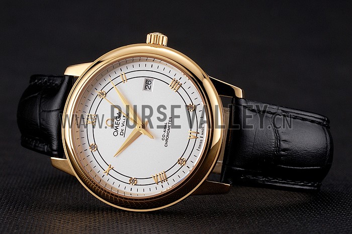 Omega De Ville Prestige White Dial Gold Case Black Leather Strap