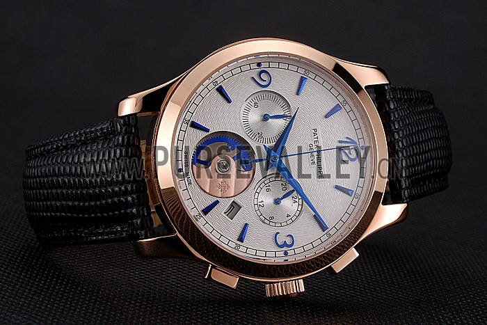 Patek Philippe Chronograph White Guilloche Dial Rose Gold Case Black Leather Strap