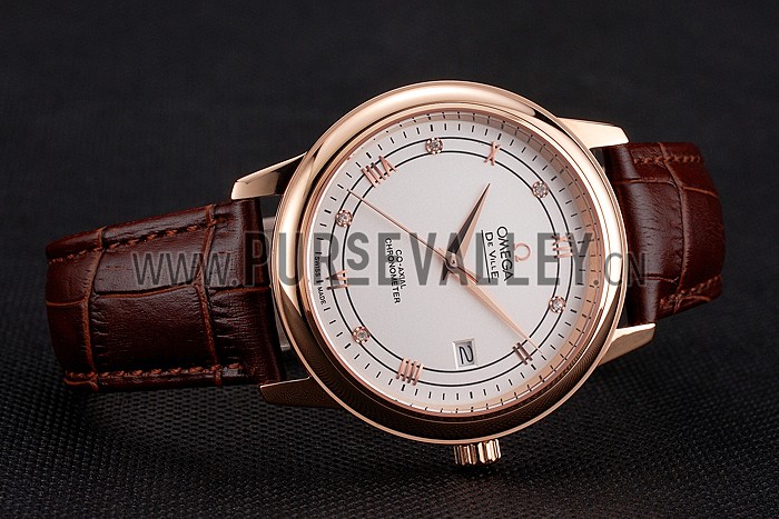 Omega De Ville Prestige White Dial Rose Gold Case Brown Leather Strap
