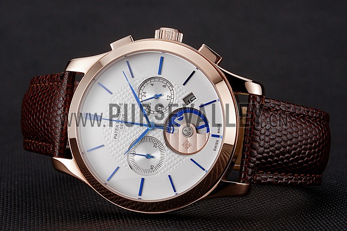 Patek Philippe Chronograph White Dial Rose Gold Case Brown Leather Strap