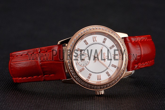 Omega De Ville Prestige Small Seconds White Dial Diamond Bezel Rose Gold Case Red Leather Strap