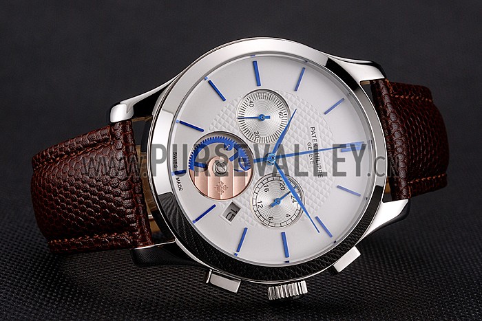 Patek Philippe Chronograph White Dial Blue Hands Stainless Steel Case Brown Leather Strap