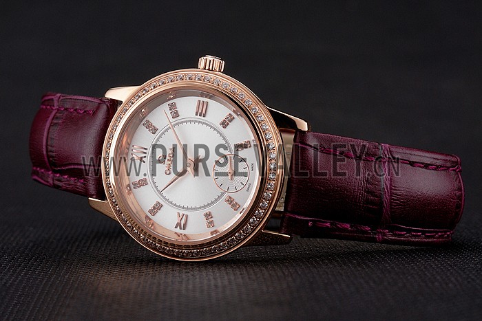 Omega De Ville Prestige Small Seconds White Dial Diamond Bezel Rose Gold Case Purple Leather Strap