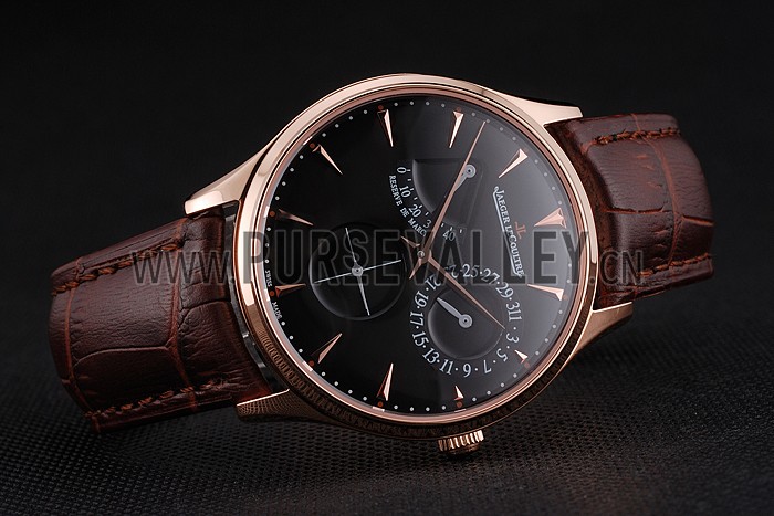 Swiss Jaeger LeCoultre Master Ultra Thin Reserve De Marche Black Dial Rose Gold Case Brown Leather Strap
