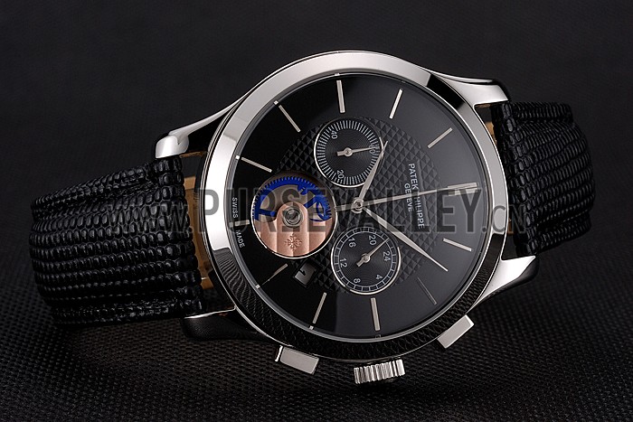 Patek Philippe Chronograph Black Dial Stainless Steel Case Black Leather Strap