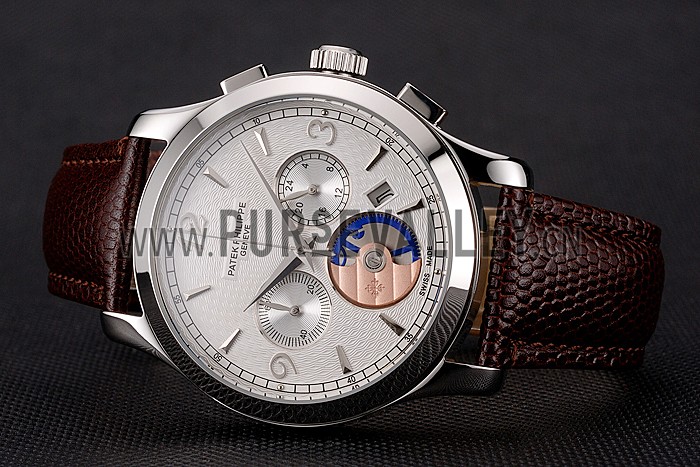 Patek Philippe Chronograph White Guilloche Dial Stainless Steel Case Brown Leather Strap