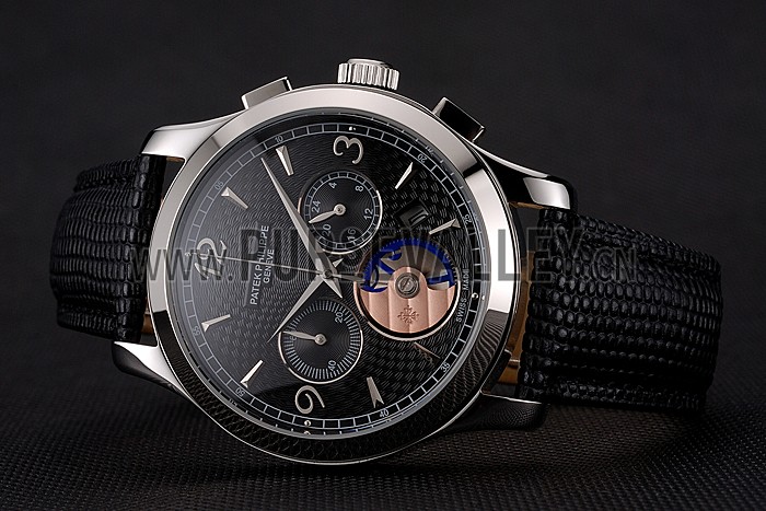 Patek Philippe Chronograph Black Guilloche Dial Stainless Steel Case Black Leather Strap