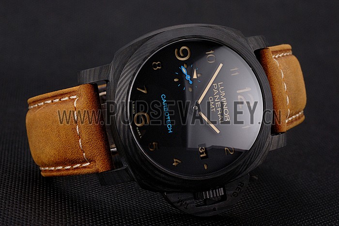 Swiss Panerai Luminor GMT Carbotech Black Dial Black Case Brown Leather Strap