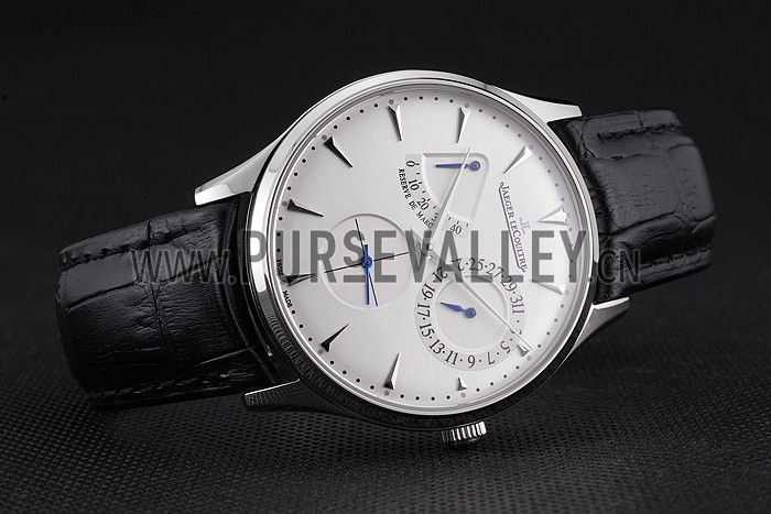 Swiss Jaeger LeCoultre Master Ultra Thin Reserve De Marche White Dial Stainless Steel Case Black Leather Strap