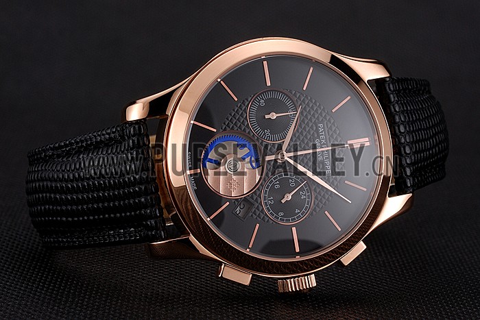 Patek Philippe Chronograph Black Dial Rose Gold Case Black Leather Strap
