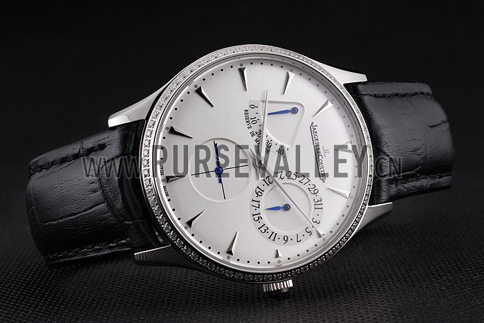 Swiss Jaeger LeCoultre Master Ultra Thin Reserve De Marche White Dial Diamond Bezel Stainless Steel Case Black Leather Strap