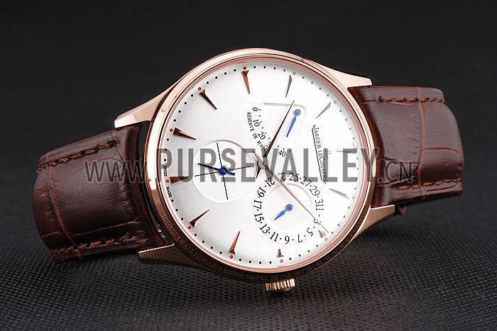 Swiss Jaeger LeCoultre Master Ultra Thin Reserve De Marche Silver Dial Rose Gold Case Brown Leather Strap