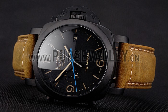 Swiss Panerai Luminor Ceramica Flyback Chronograph Black Dial Black Case Brown Leather Strap