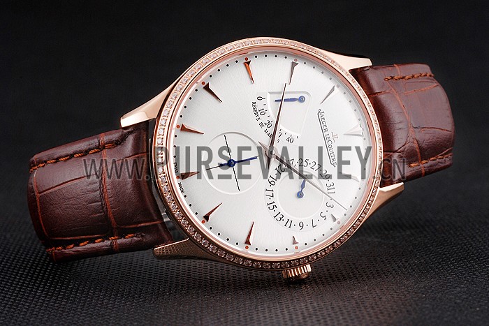 Swiss Jaeger LeCoultre Master Ultra Thin Reserve De Marche Silver Dial Diamond Bezel Rose Gold Case Brown Leather Strap