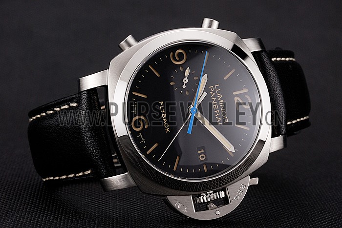 Swiss Panerai Luminor Flyback Chronograph Black Dial Stainless Steel Case Black Leather Strap