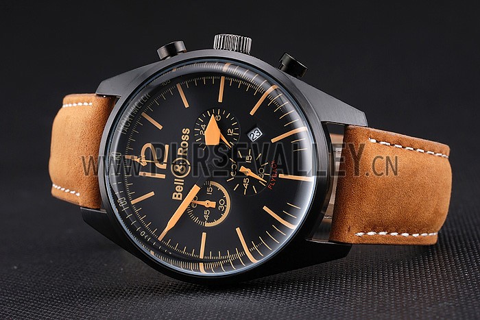 Bell and Ross BR126 Flyback Black Dial Black Case Gold Numerals Brown Suede Leather Strap