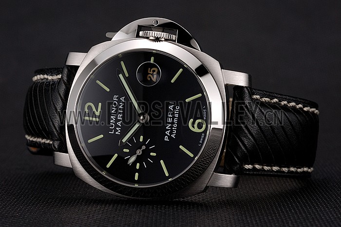 Swiss Panerai Luminor Marina Black Dial Stainless Steel Case Black Leather Strap