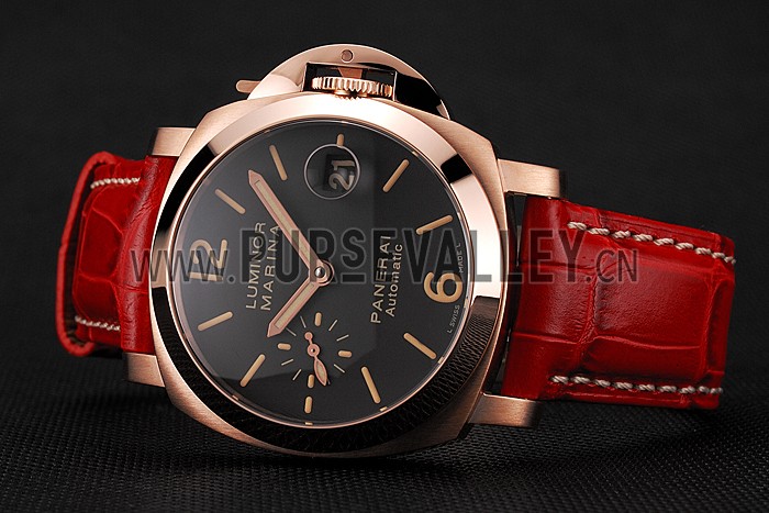 Swiss Panerai Luminor Marina Black Dial Rose Gold Case Red Leather Strap
