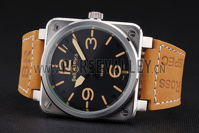 Bell and Ross BR 01-92 Black Dial Silver Case Gold Numerals Brown Leather Strap