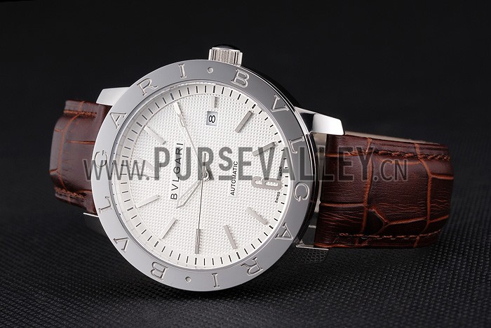Bvlgari Novelties White Dial Silver Case Brown Leather Strap
