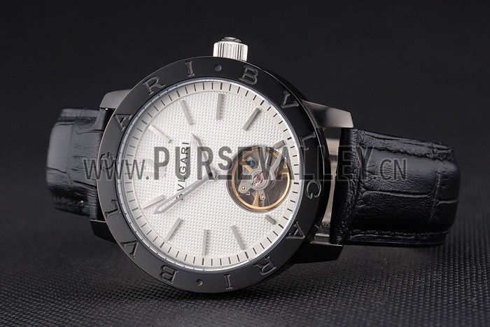 Bvlgari Tourbillon White Dial Black Case Black Leather Strap