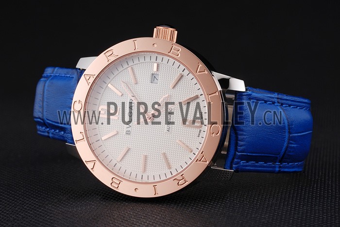 Bvlgari Novelties White Dial Gold Case Blue Leather Strap