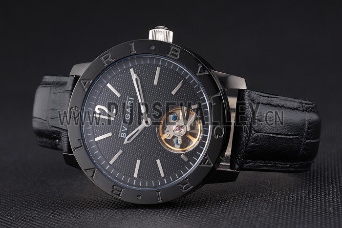 Bvlgari Tourbillon Black Dial Black Case Black Leather Strap