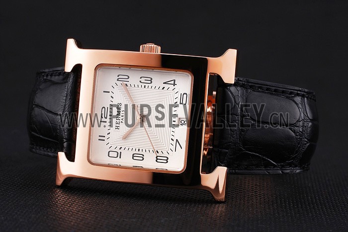 Hermes Heure H White Dial Gold Case Black Leather Strap